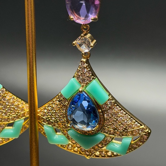 Catwalk Jon - Gold and Blue crystal fan statement Earrings pierced - Picture 2 of 4